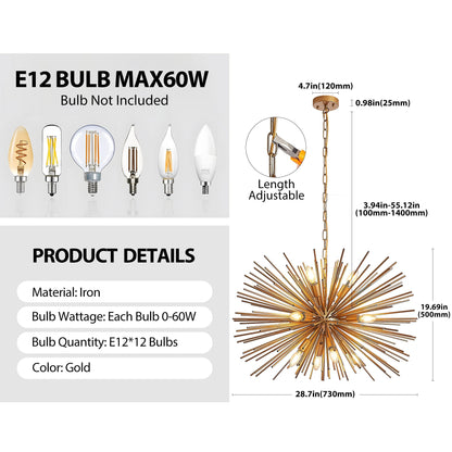 29in mid-century modern 12-light starburst chandelier with gold spokes bulbs not included on Tampa Home & Garden Store