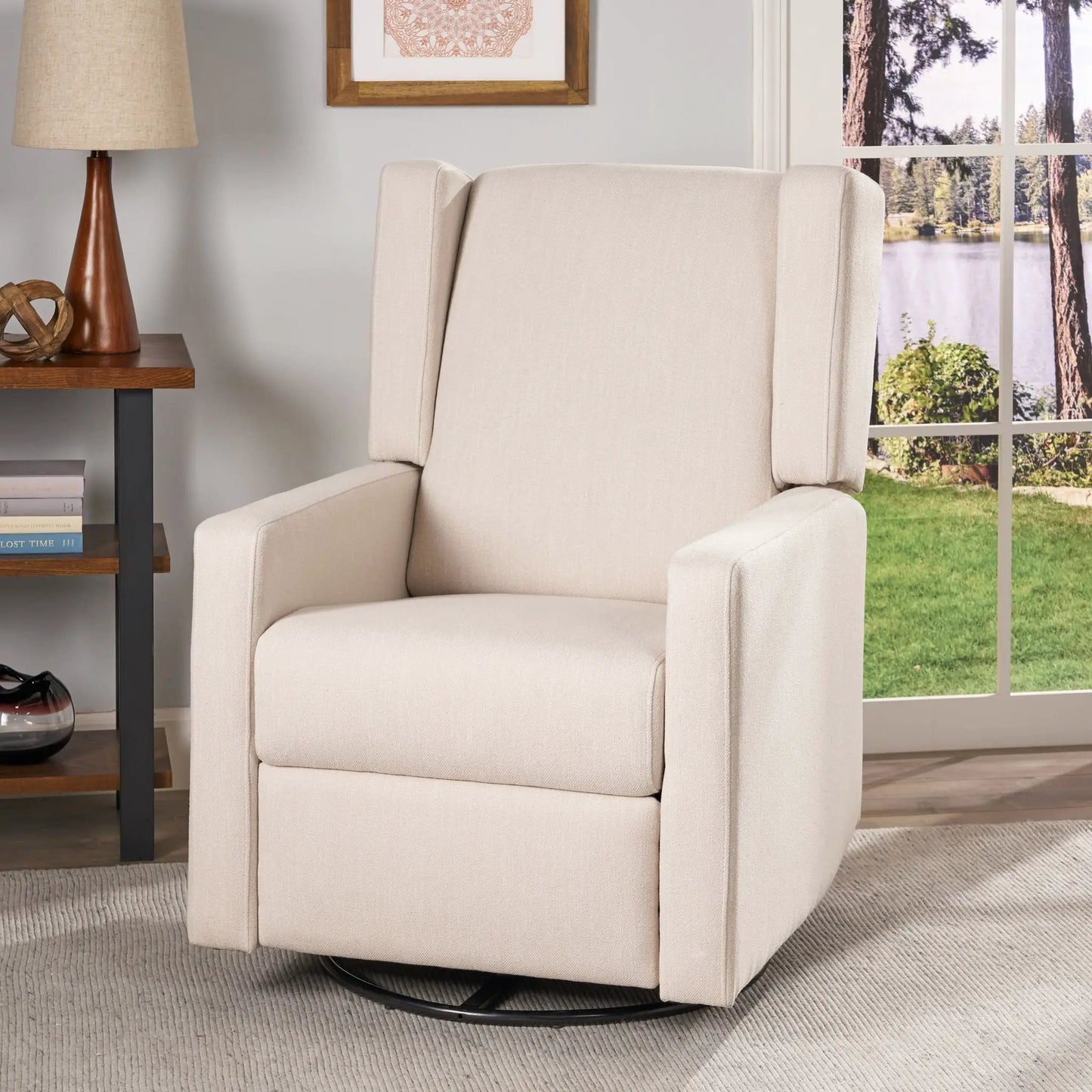 Landau Contemporary Upholstered Swivel Recliner beige fabric swivel base Unique Piece Furniture on Tampa Home & Garden Store