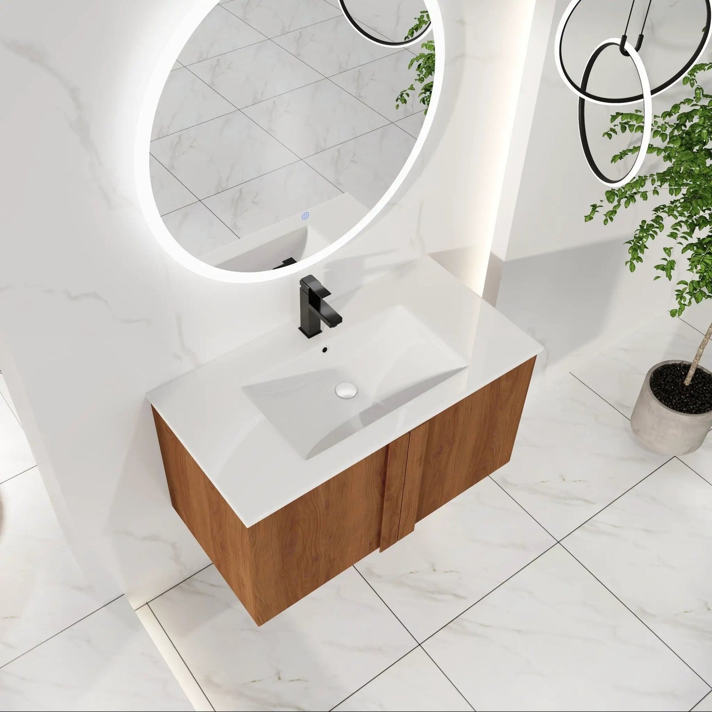 Floating Bathroom Vanity With Sink Combo countertop atop wood base, black faucet, backlit mirror on Tampa Home & Garden Store