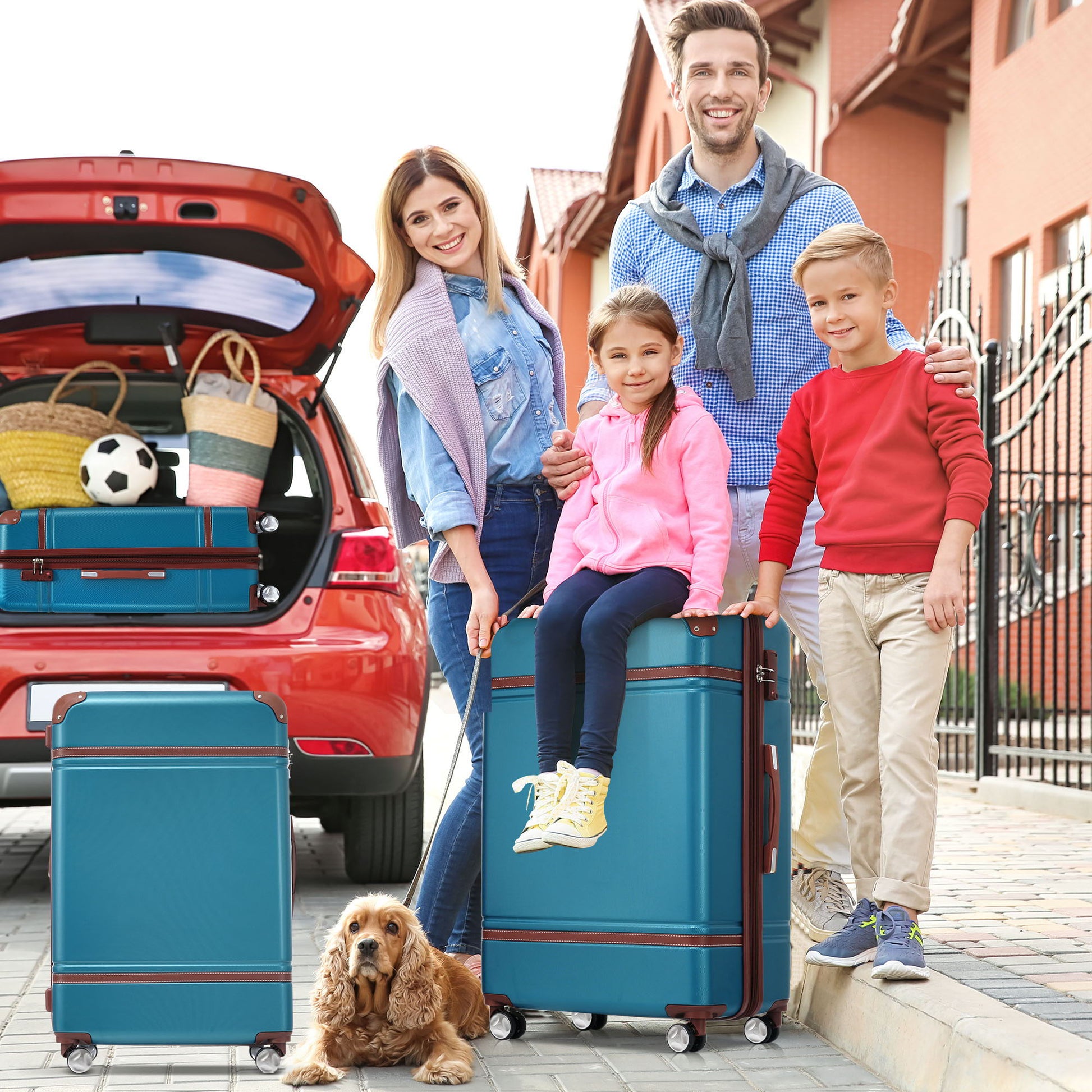 4-piece teal hardshell luggage set with brown trim and cosmetic case spinner wheels in car trunk on Tampa Home & Garden Store