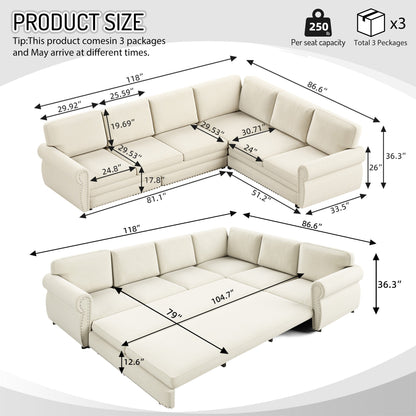 118in L-shaped Convertible Sofa Bed by HouseOfZazla beige upholstered sectional with chaise on Tampa Home & Garden Store
