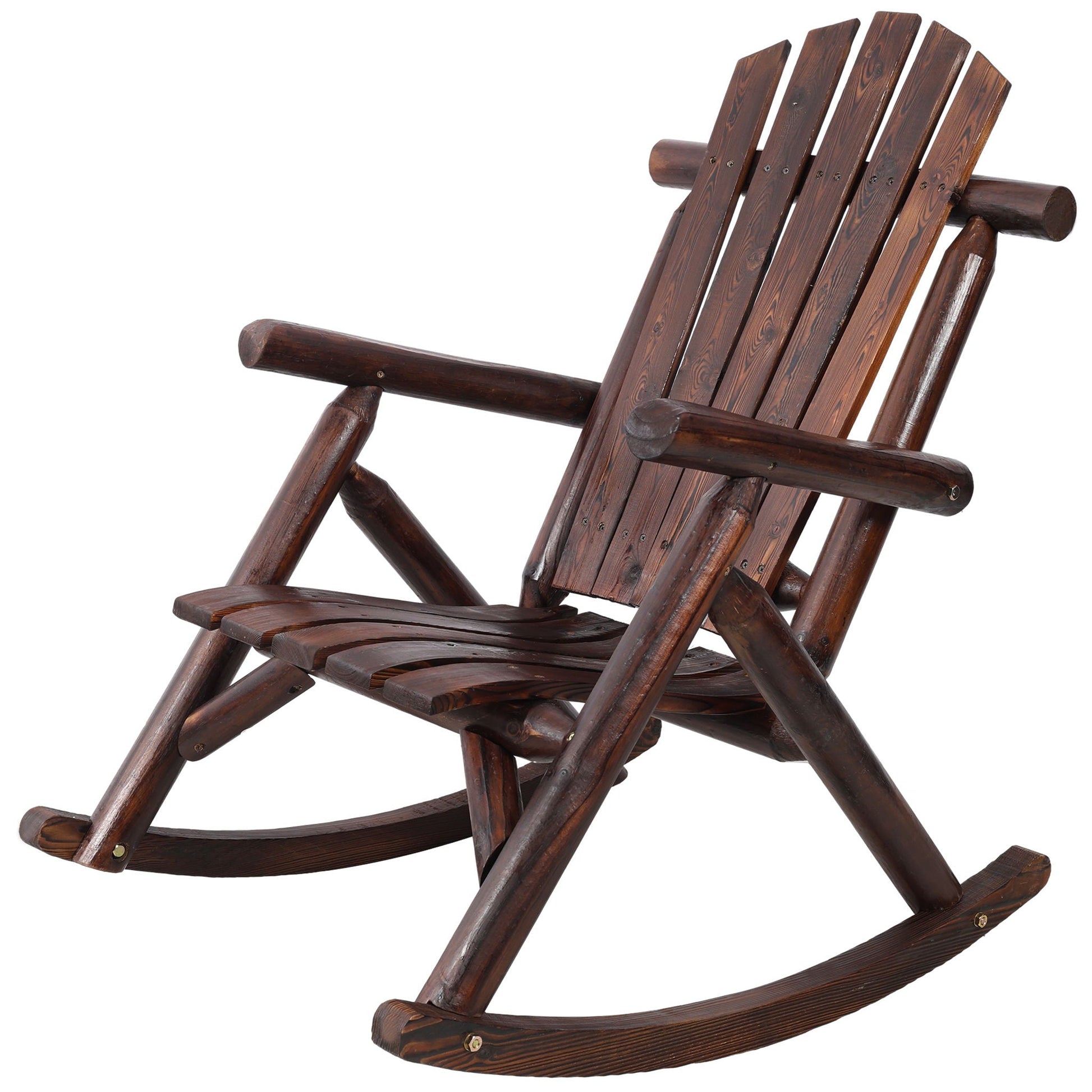 Durable fir log rocking chair, wooden porch rocker with dark stain and slatted back, HouseOfZazla on Tampa Home & Garden Store