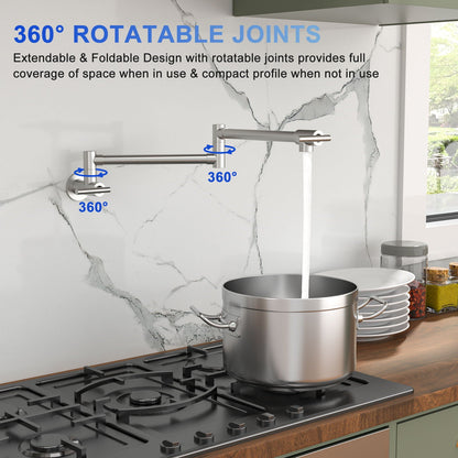 Wall mount pot filler faucet HouseOfZazla, brushed nickel, folding extendable 2 handles on Tampa Home & Garden Store