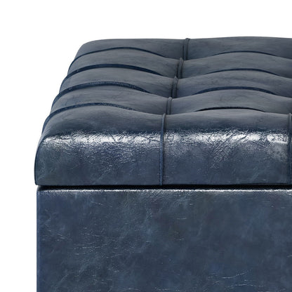 Harrison Tufted Lift Top Storage Ottoman navy blue faux leather with tufted top on Tampa Home & Garden Store