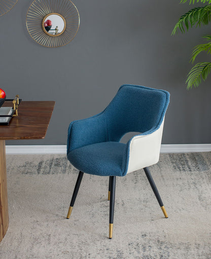 Blue upholstered side chair with white side panel, black legs with gold tips on Tampa Home & Garden Store