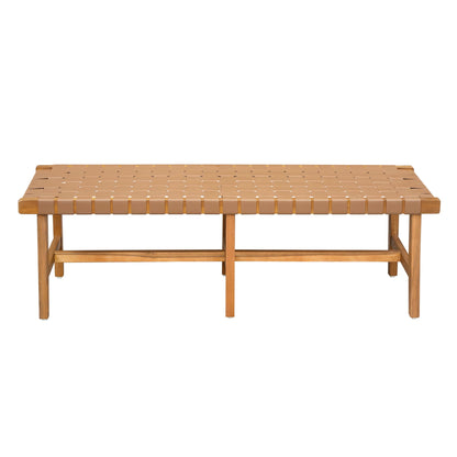 Pair of acacia wood bedroom benches with woven PU leather seats in warm teak by HouseOfZazla on Tampa Home & Garden Store