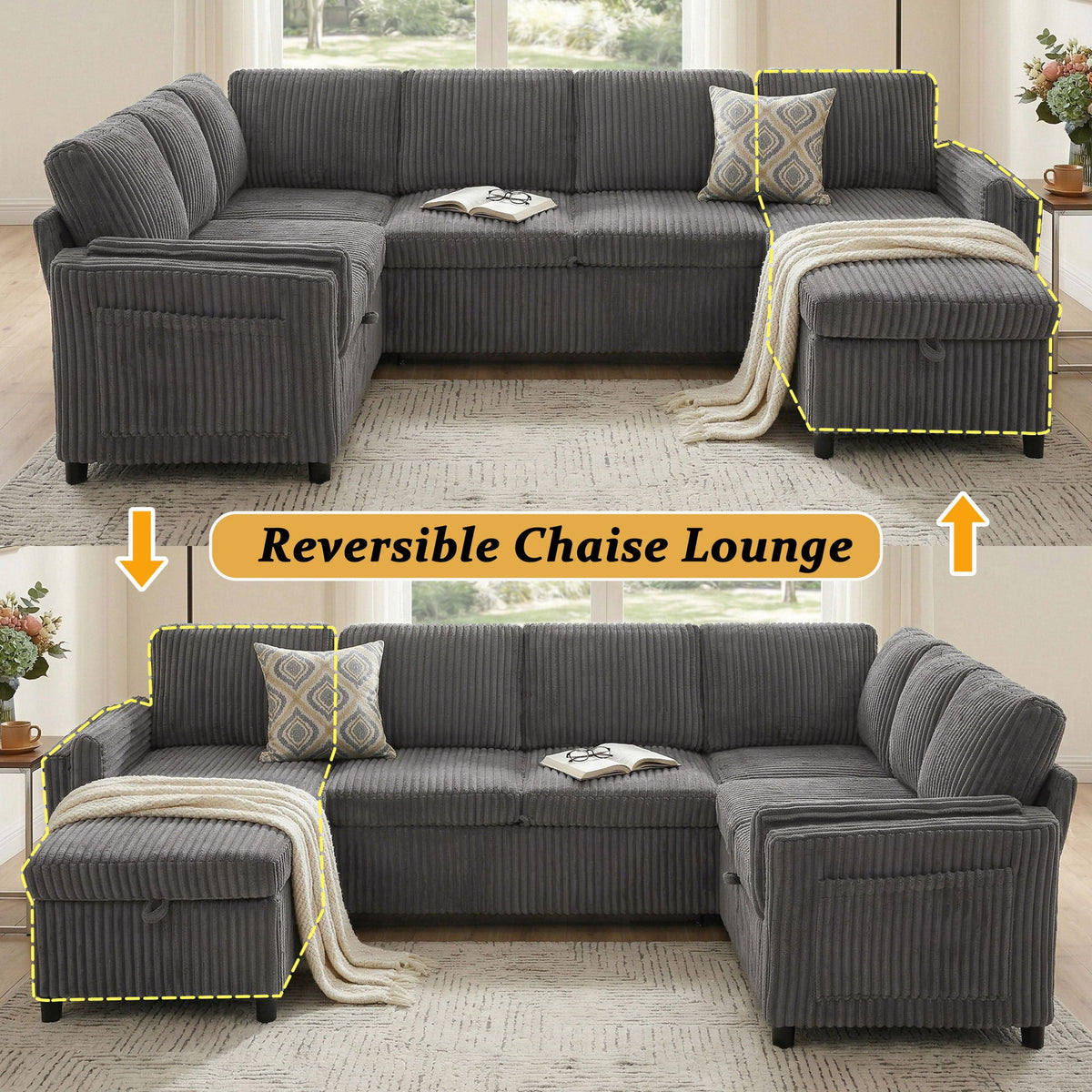 HouseOfZazla gray corduroy U-shaped convertible sectional sofa with reversible chaise on Tampa Home & Garden Store