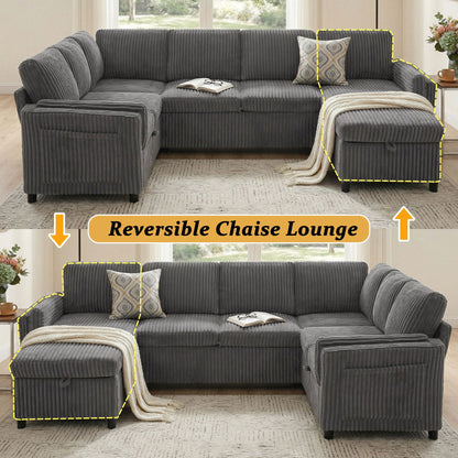 HouseOfZazla gray corduroy U-shaped convertible sectional sofa with reversible chaise on Tampa Home & Garden Store