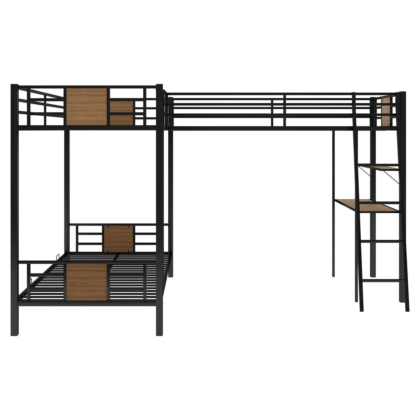 L-Shaped twin over twin bunk bed with twin-size loft, desk and shelves in a black metal frame with brown wood accents on Tampa Home & Garden Store
