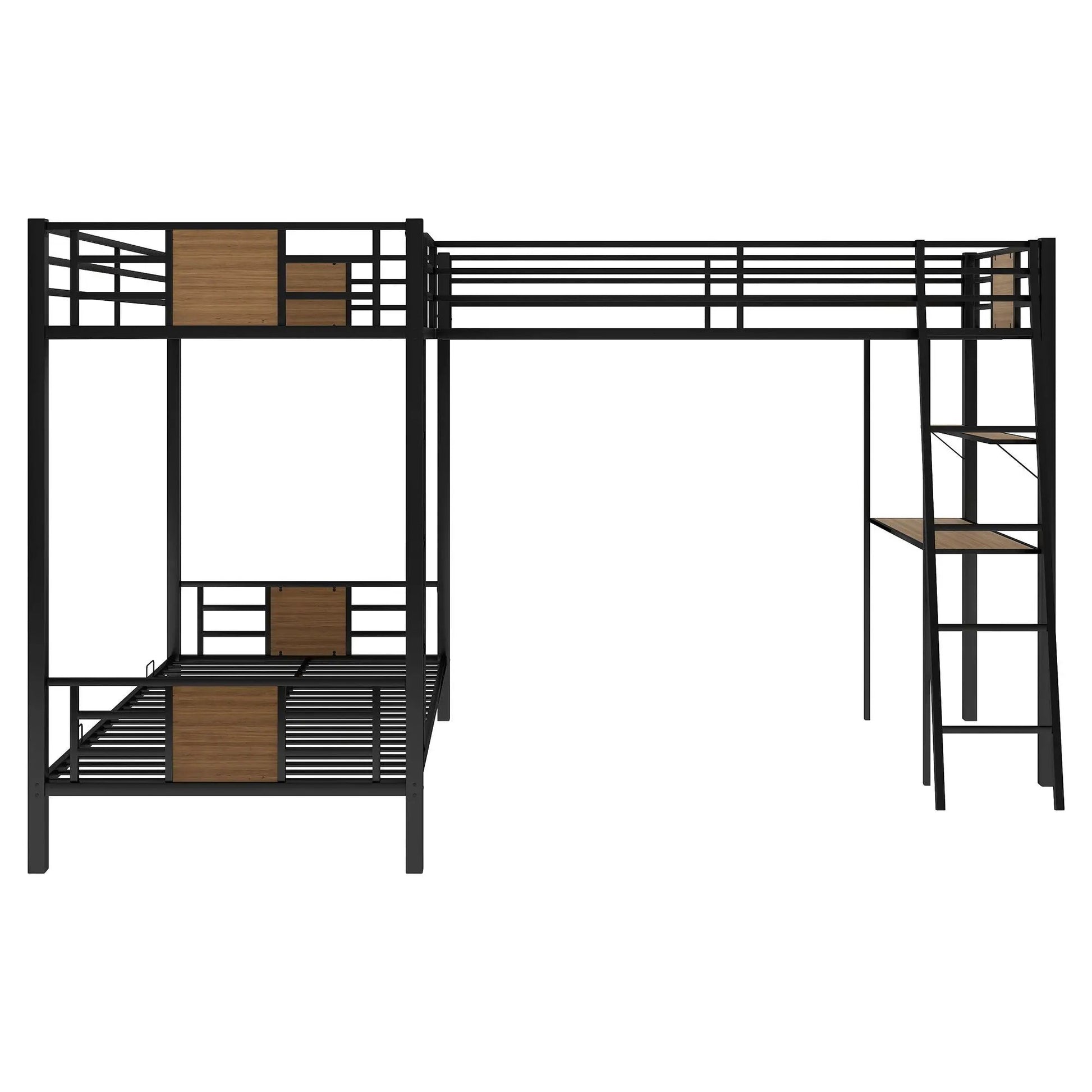 L-Shaped twin over twin bunk bed with twin-size loft, desk and shelves in a black metal frame with brown wood accents on Tampa Home & Garden Store