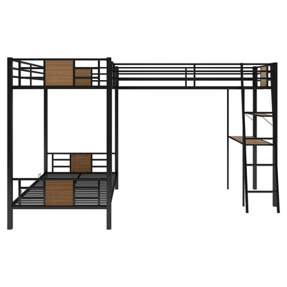 L-Shaped twin over twin bunk bed with twin-size loft, desk and shelves in a black metal frame with brown wood accents on Tampa Home & Garden Store