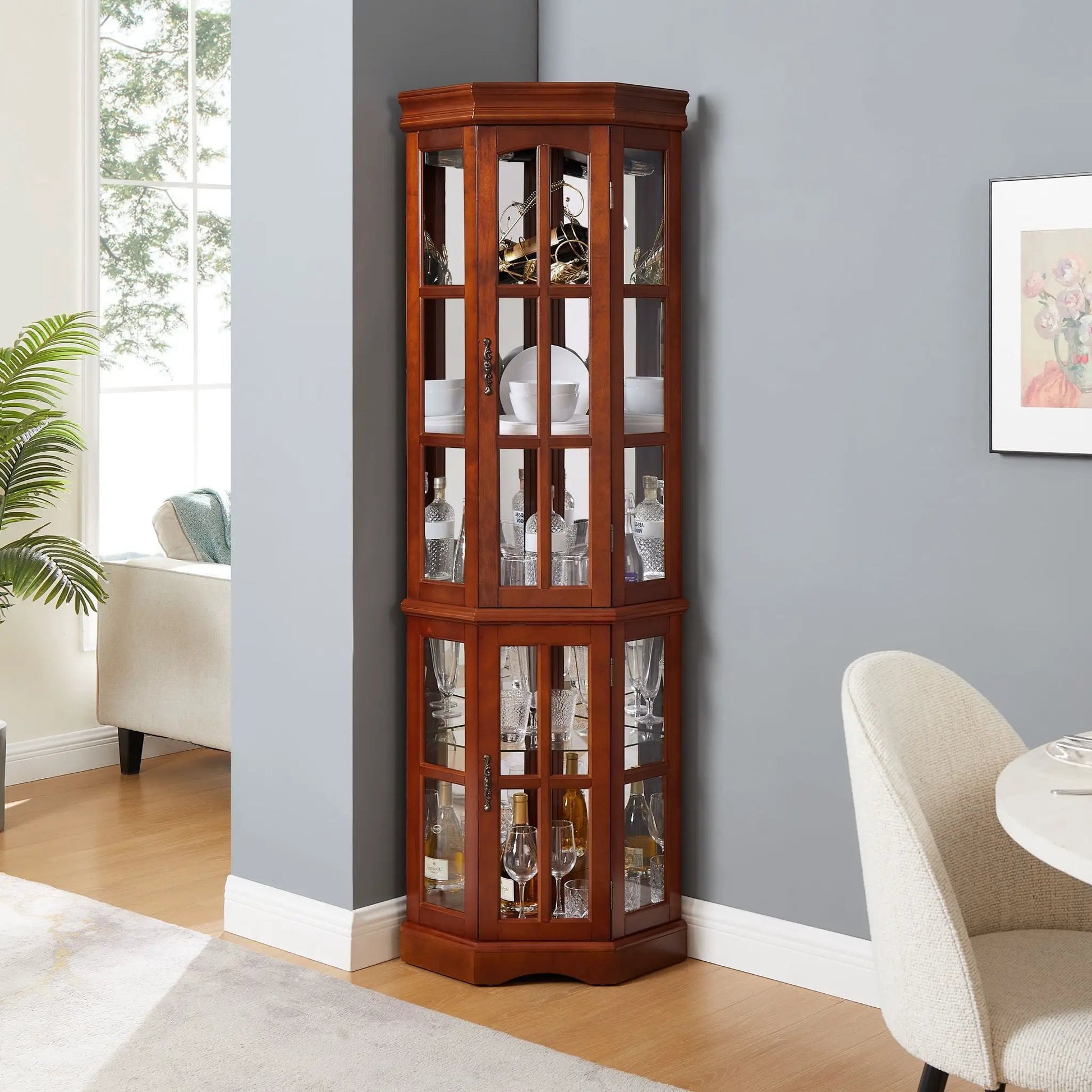 Corner Curio Cabinet with 5 glass shelves and lighting by Unique Piece Furniture on Tampa Home & Garden Store