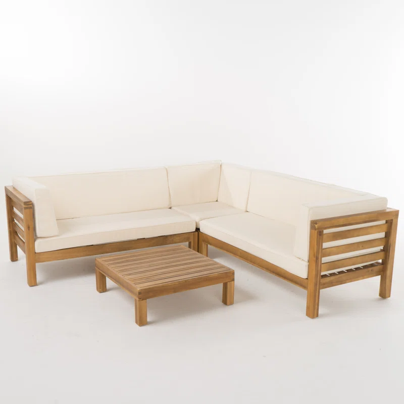 OANA Outdoor Wooden Sectional Set with Beige Cushions, three-piece with natural wood frame on Tampa Home & Garden Store