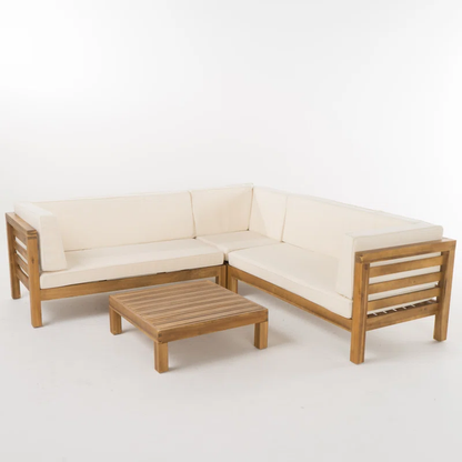OANA Outdoor Wooden Sectional Set with Beige Cushions, three-piece with natural wood frame on Tampa Home & Garden Store