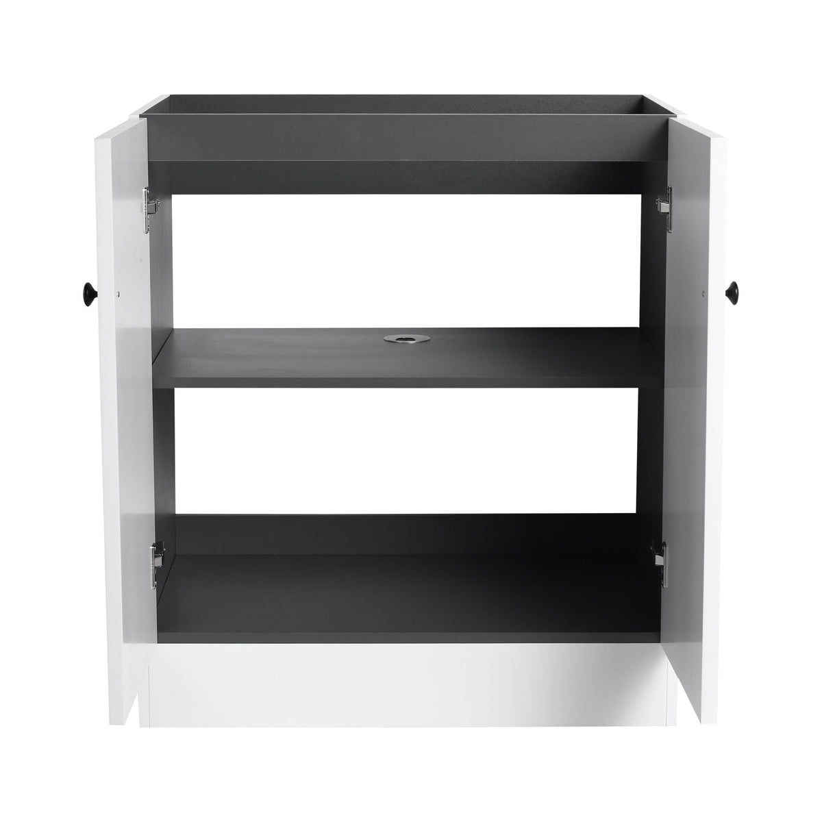 HouseOfZazla freestanding bathroom vanity white exterior dark gray interior with open shelves on Tampa Home & Garden Store