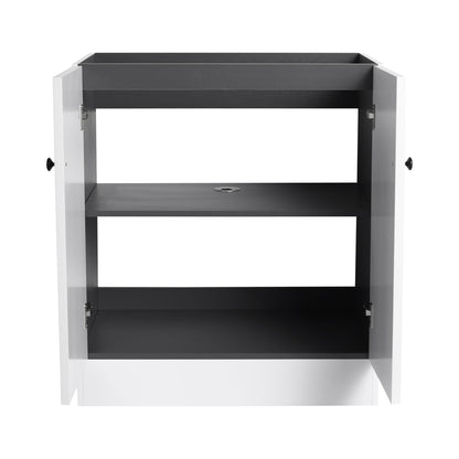 HouseOfZazla freestanding bathroom vanity white exterior dark gray interior with open shelves on Tampa Home & Garden Store