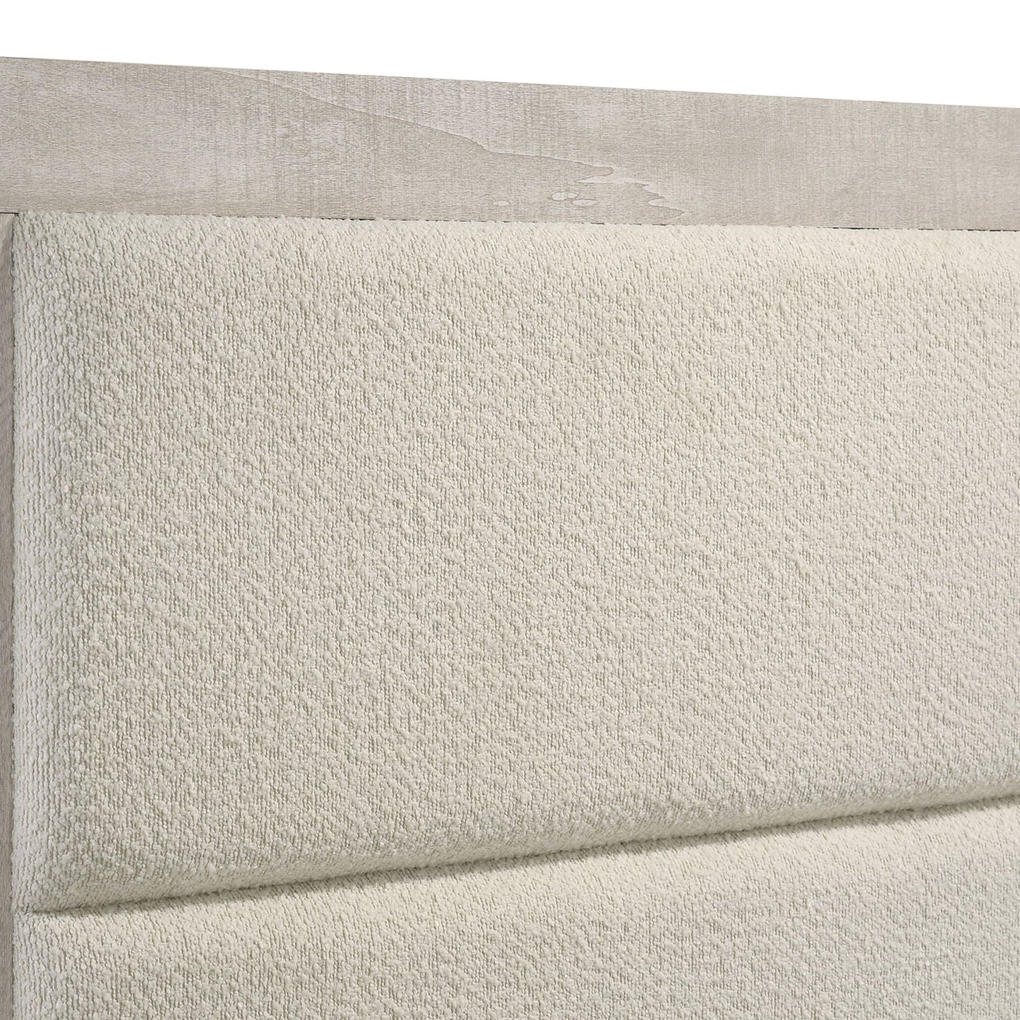 Strout Queen Panel Bed with upholstered headboard in beige boucle and gray wood panels on Tampa Home & Garden Store
