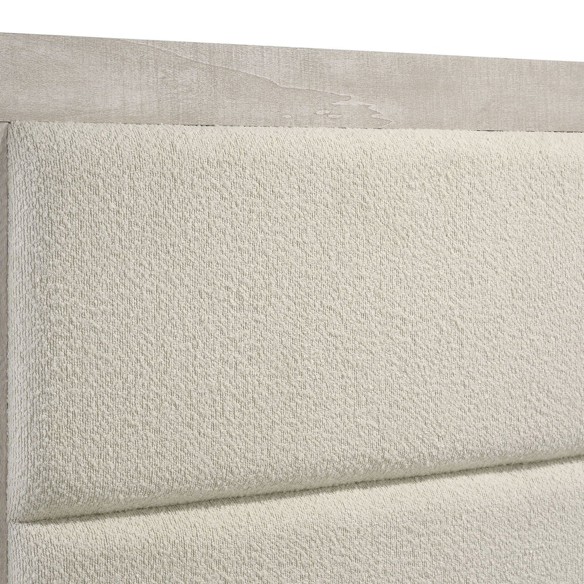Strout Queen Panel Bed with upholstered headboard in beige boucle and gray wood panels on Tampa Home & Garden Store