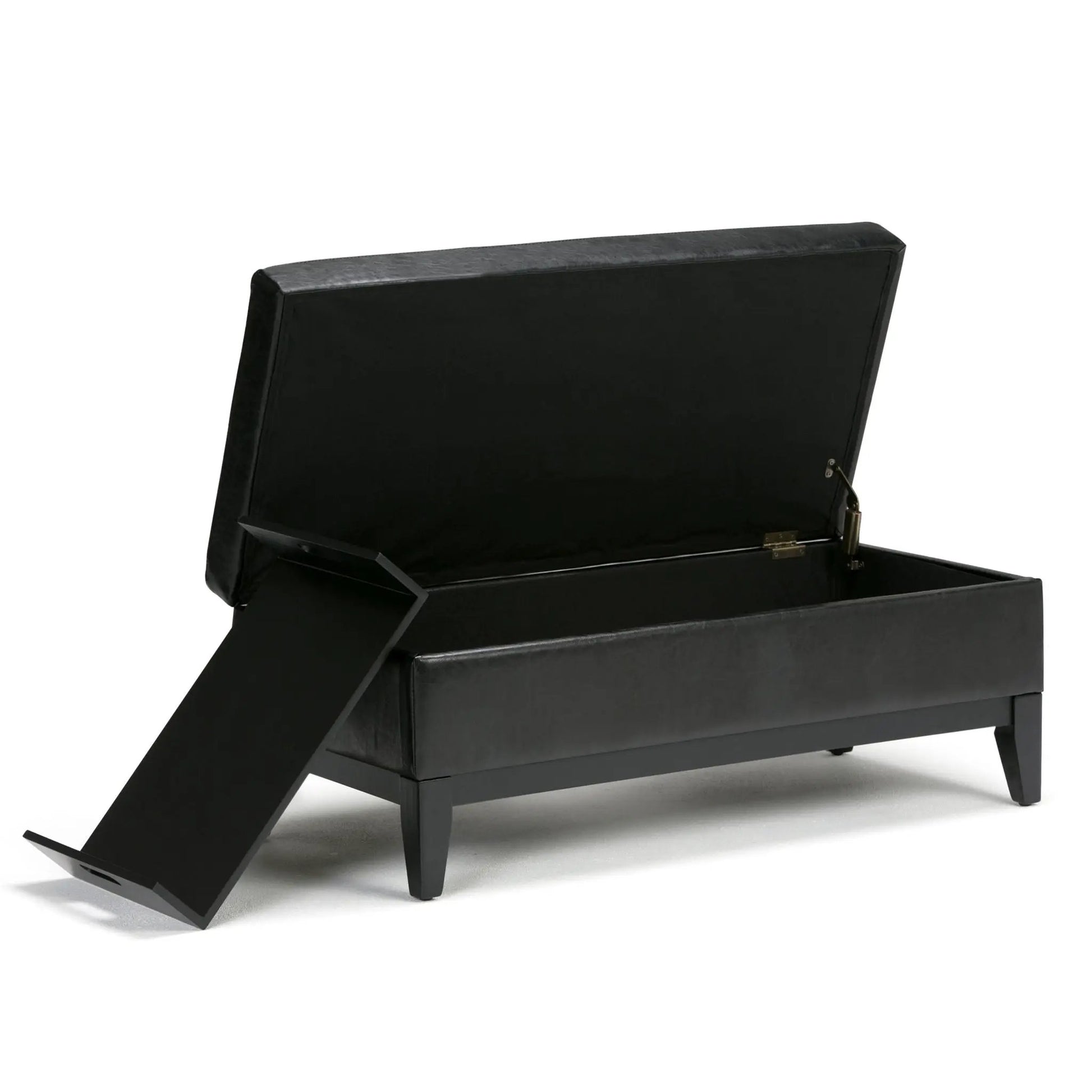 Oregon Contemporary Storage Ottoman Bench With Tray in black leather lift-top with inner tray on Tampa Home & Garden Store