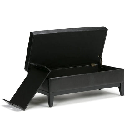 Oregon Contemporary Storage Ottoman Bench With Tray in black leather lift-top with inner tray on Tampa Home & Garden Store