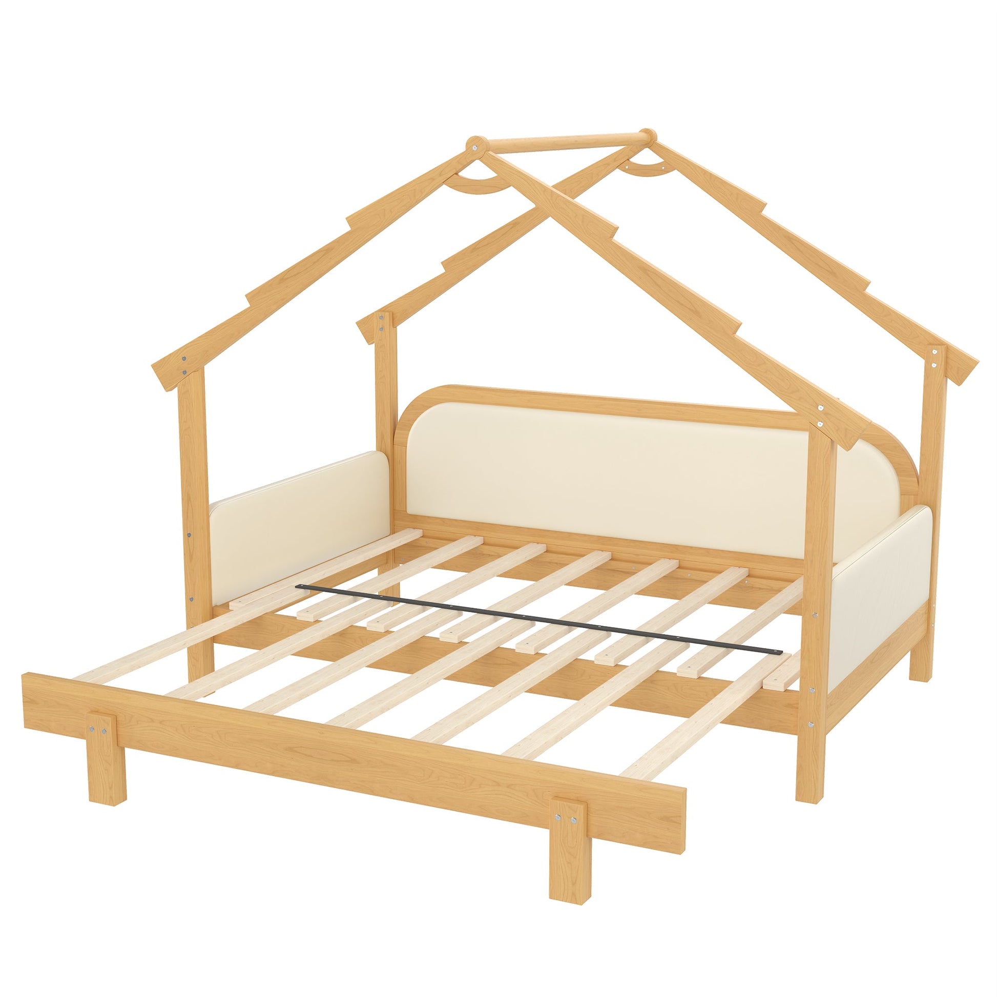 Twin size wood treehouse bed with soft cushion rails, pine frame, cream headboard on Tampa Home & Garden Store