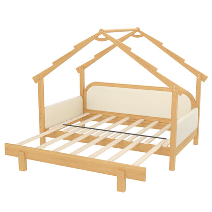 Twin size wood treehouse bed with soft cushion rails, pine frame, cream headboard on Tampa Home & Garden Store