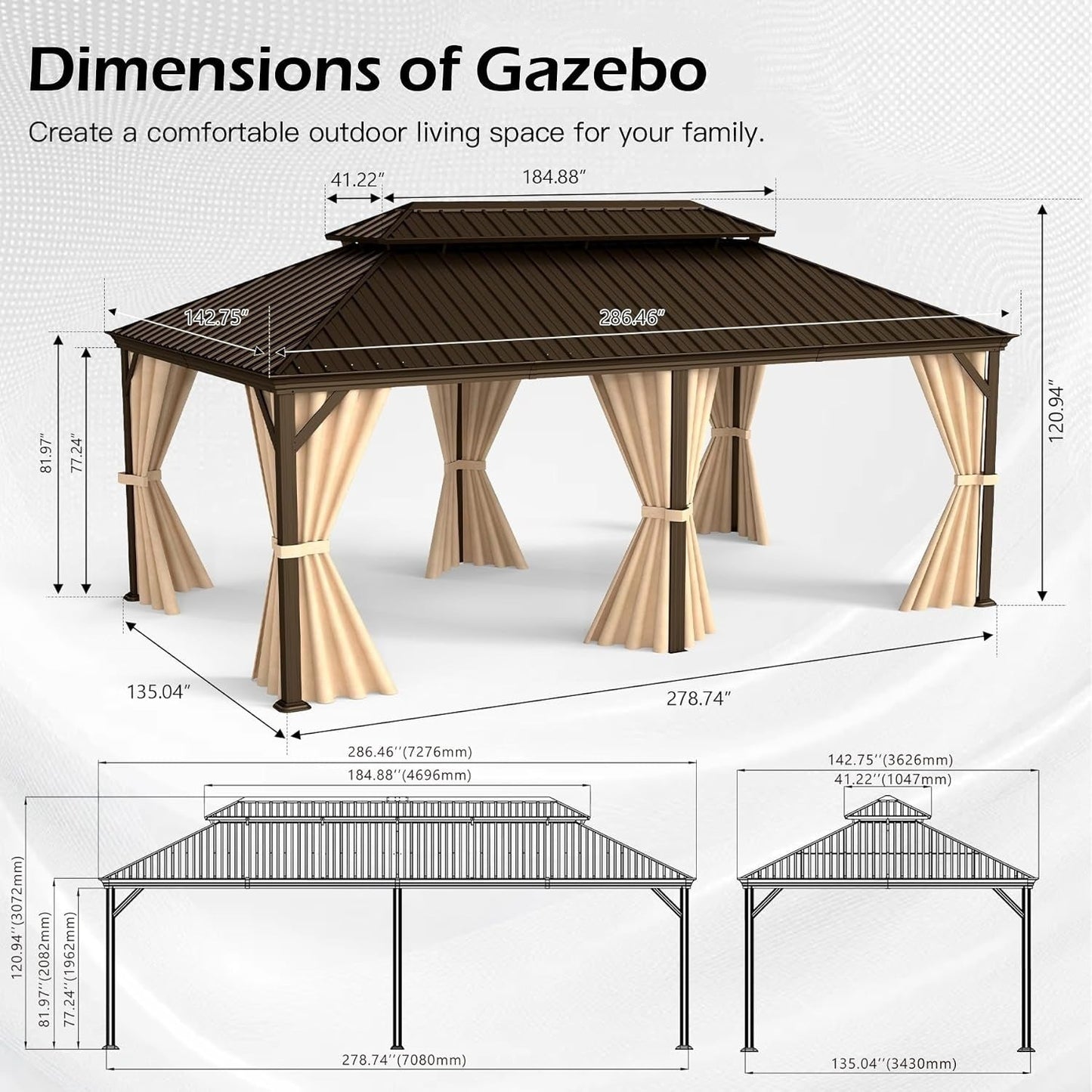 12x24ft Outdoor Steel Gazebo with Double Roof