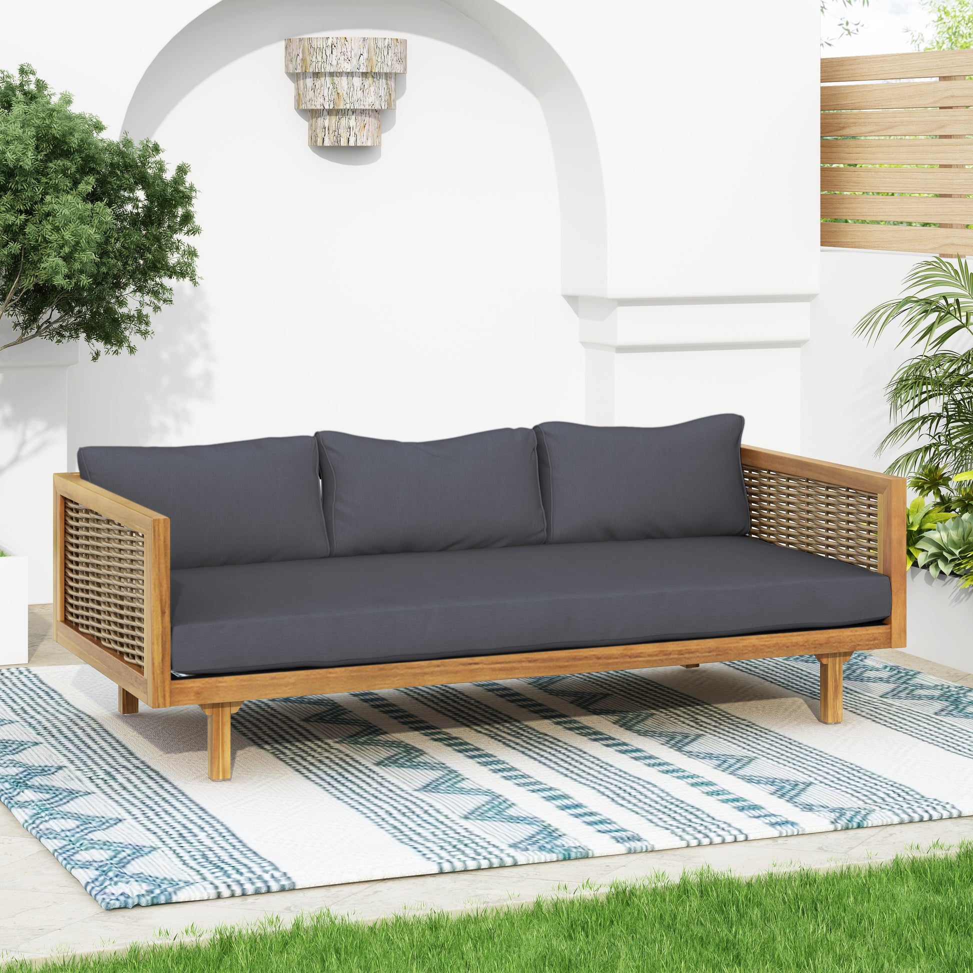 Claremont 3 Seater Daybed with Rattan Arms in dark cushions, wooden frame, outdoor patio seating on Tampa Home & Garden Store