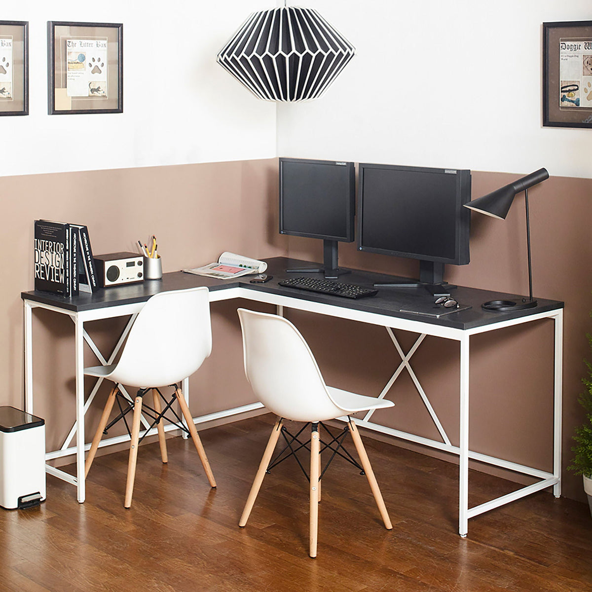 Olympus Corner Desk with Eco-Friendly Board in dark gray, dual monitor setup on Tampa Home & Garden Store