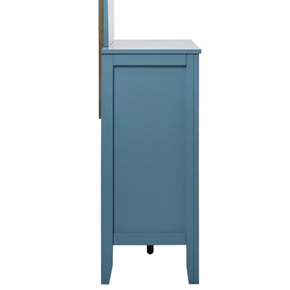 Spacious blue six-drawer dresser with attached mirror and metal hardware set on Tampa Home & Garden Store