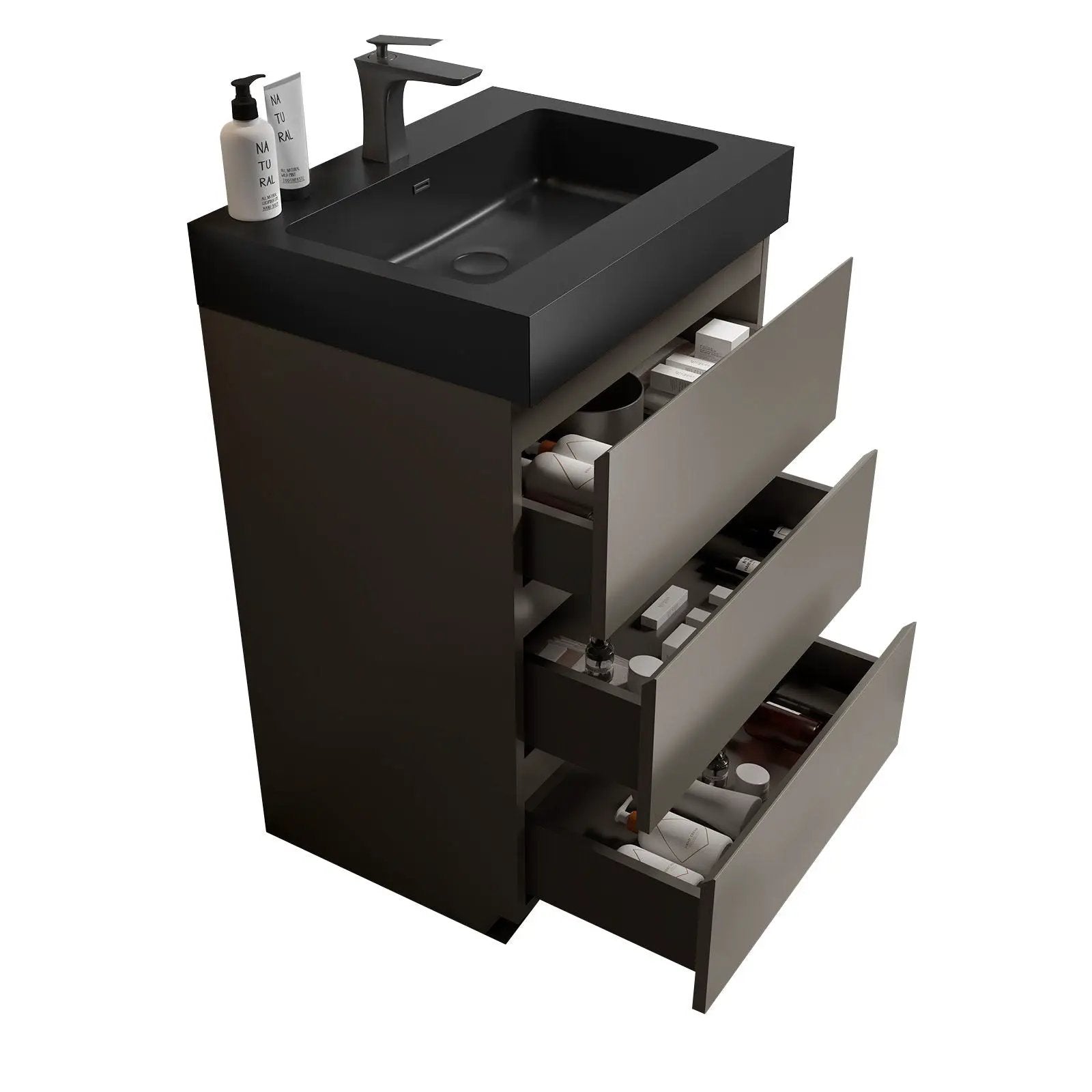 Alice bathroom vanity with sink, dark charcoal countertop, large storage drawers on Tampa Home & Garden Store