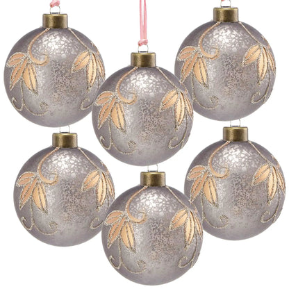 Set of Christmas ball ornaments silver-gray with gold glitter swirls for tree decor on Tampa Home & Garden Store