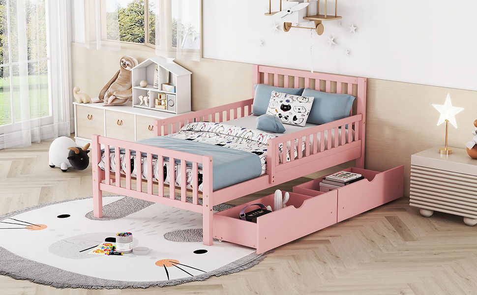 Pink platform bed with guardrails and two under-bed drawers, HouseOfZazla storage bed for kids on Tampa Home & Garden Store