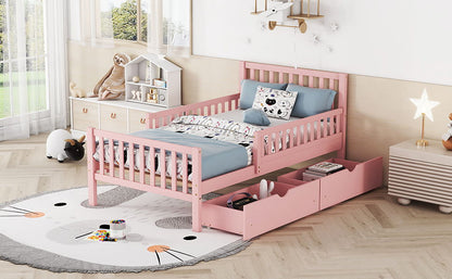 Pink platform bed with guardrails and two under-bed drawers, HouseOfZazla storage bed for kids on Tampa Home & Garden Store