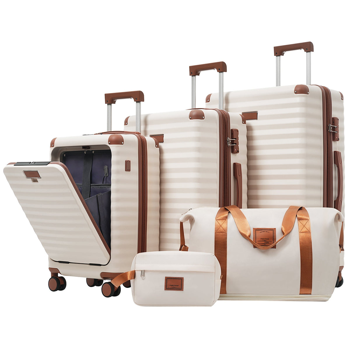 Deluxe 5-Piece hard-side luggage set cream with brown trim and USB/TSA locks on Tampa Home & Garden Store