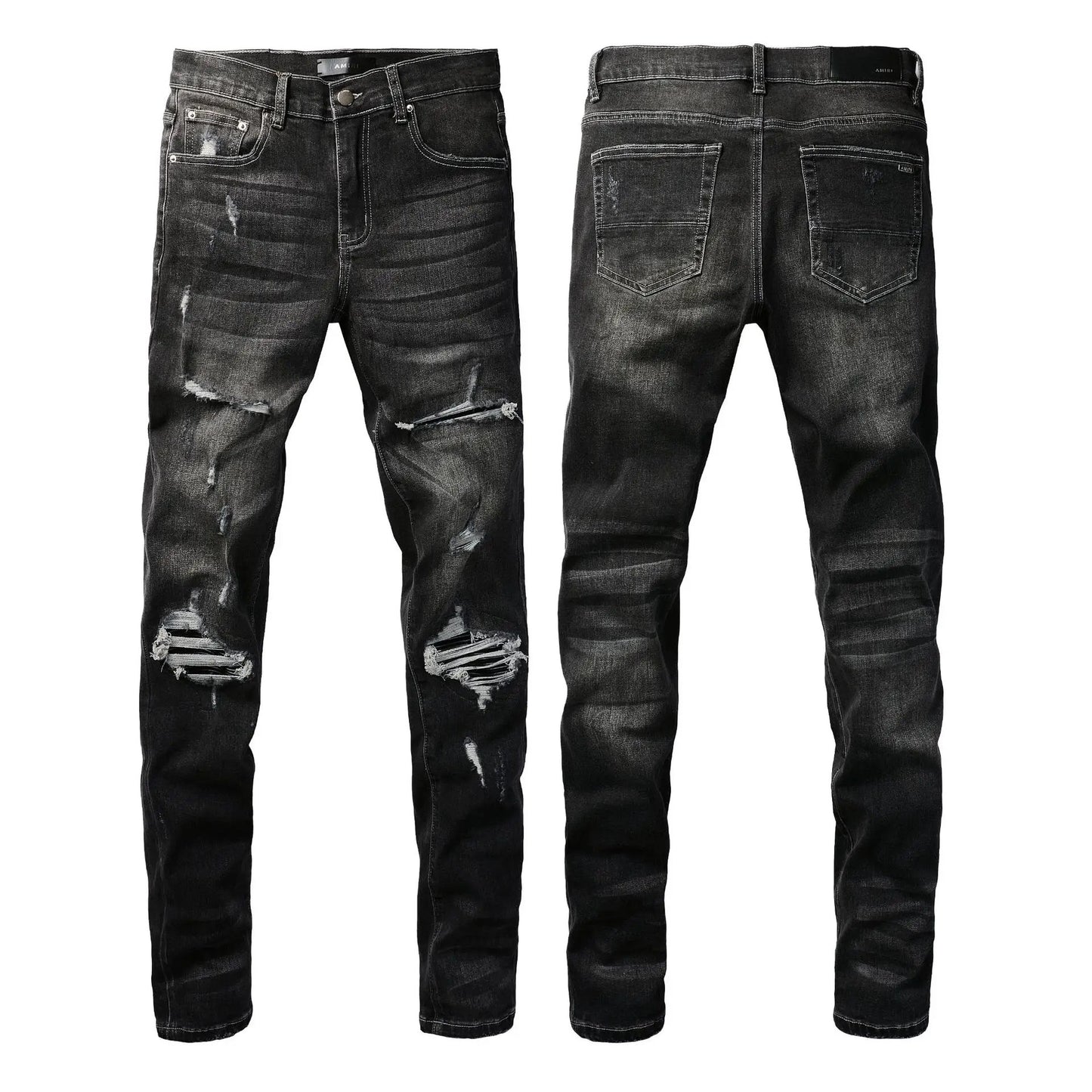 Skinny jeans by FLIPSTYLEZLLC, black distressed denim with ripped knees, front and back view on Tampa Home & Garden Store