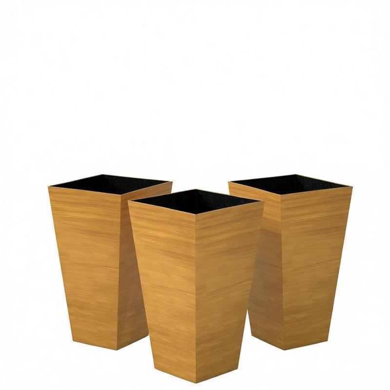 Classic set of 3 tall outdoor planters in woodgrain oak finish, square tapered silhouette, black interiors by HouseOfZazla on Tampa Home & Garden Store