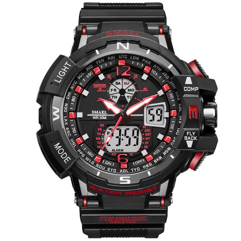 SMAEL rugged sport watch with LED digital display, black and red accents, 50M water resistant on Tampa Home & Garden Store