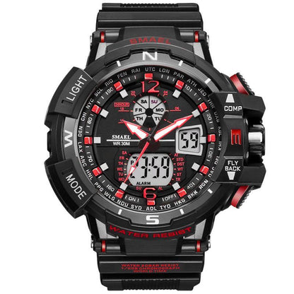 SMAEL rugged sport watch with LED digital display, black and red accents, 50M water resistant on Tampa Home & Garden Store