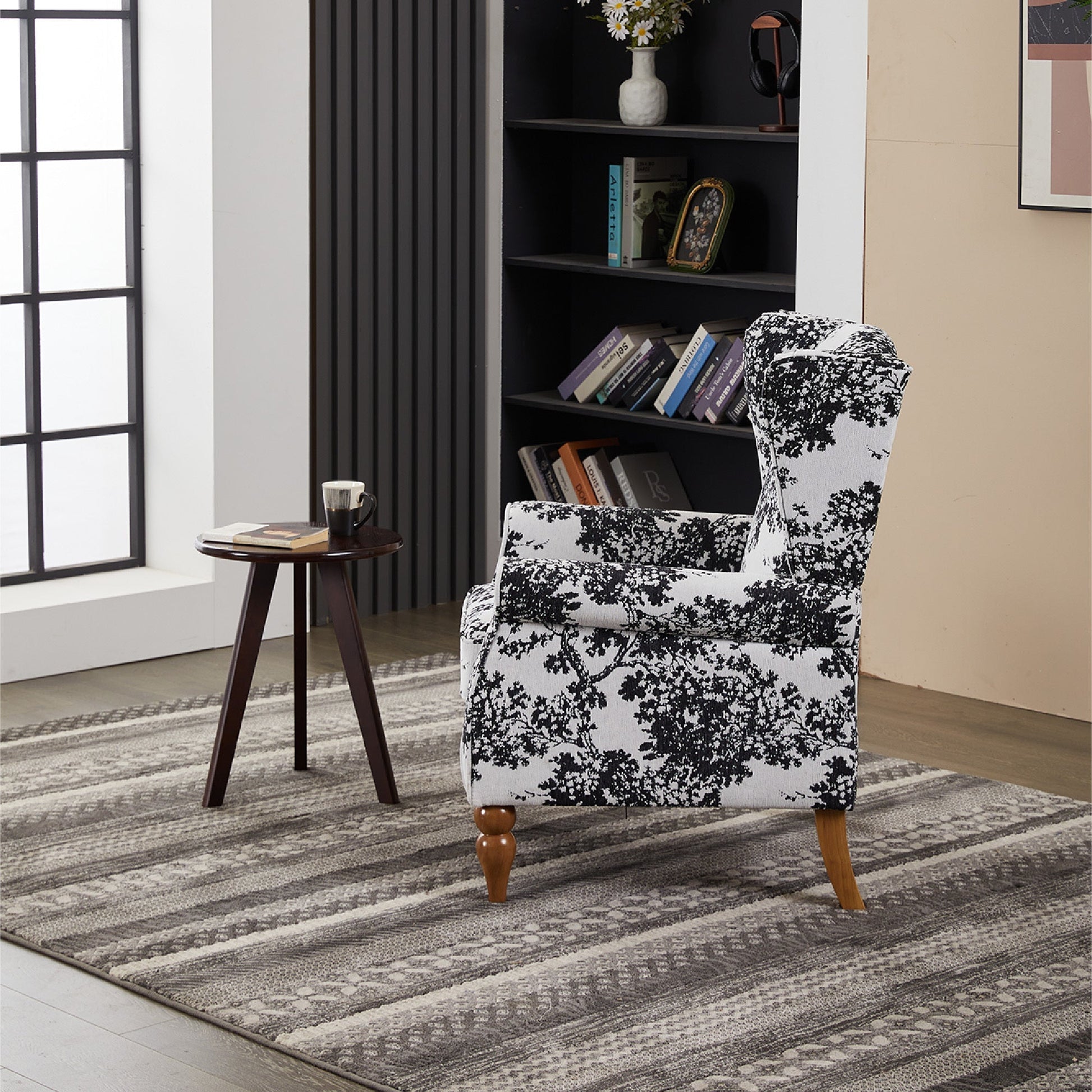 Coffee Table & Armchair Set with black-white floral upholstery and dark wood legs by HouseOfZazla on Tampa Home & Garden Store