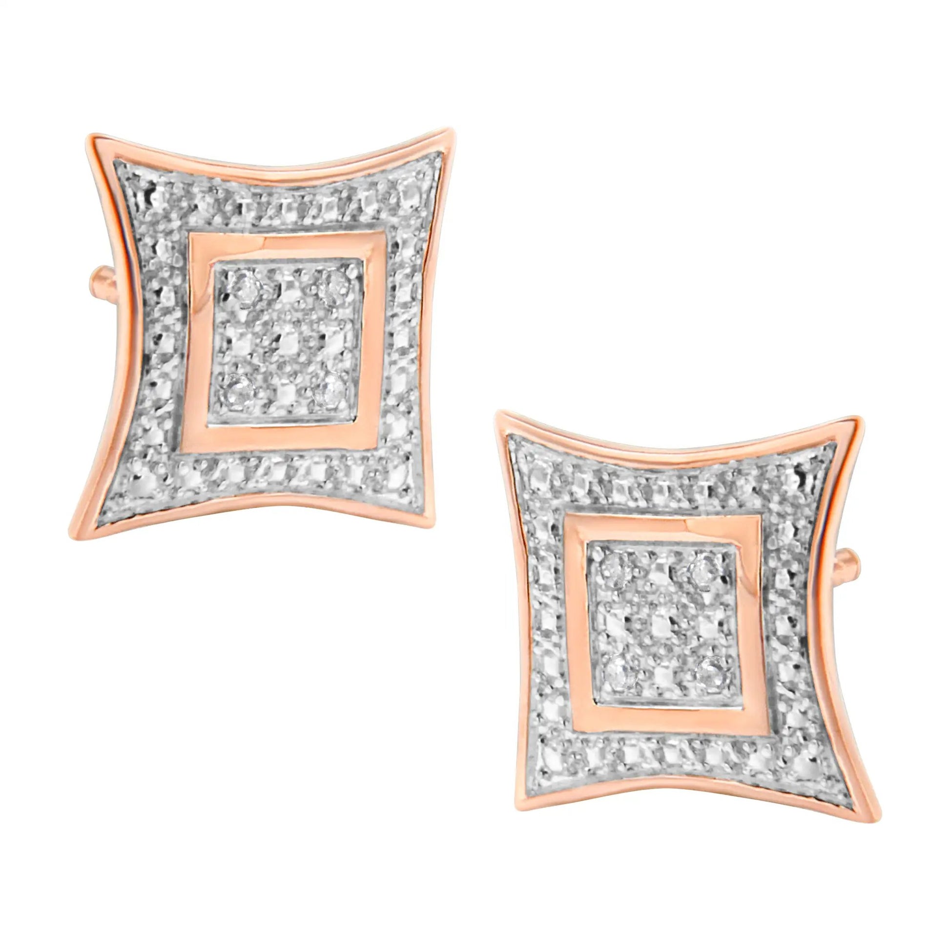Pair of sterling silver four-point star halo stud earrings with diamond pave and rose-gold trim on Tampa Home & Garden Store