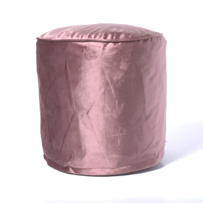 Shimon cylinder pouf ottoman in pink velvet fabric with rounded top, accent floor cushion on Tampa Home & Garden Store