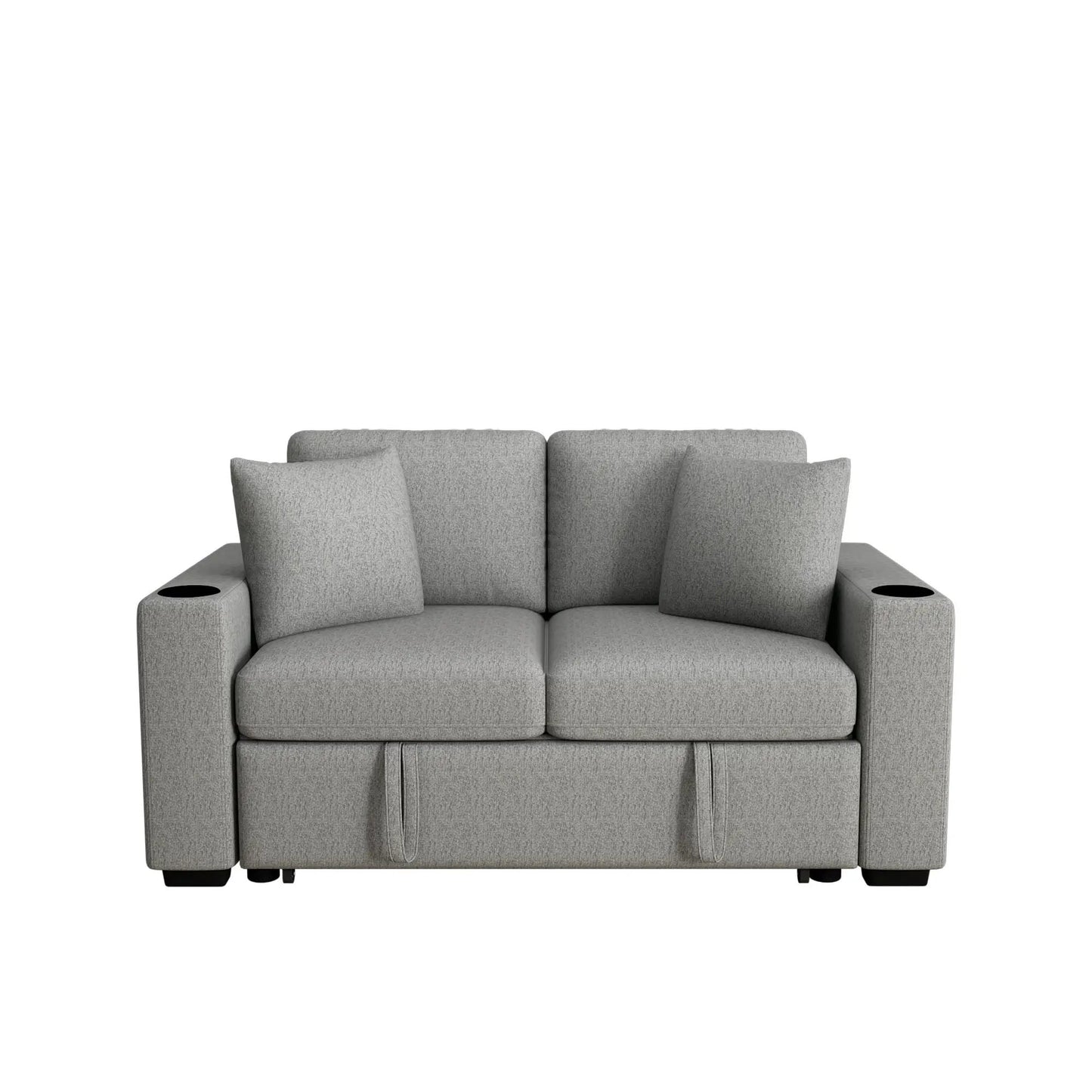 Modern 2-Seater sleeper loveseat in gray fabric with built-in cup holders on armrests on Tampa Home & Garden Store