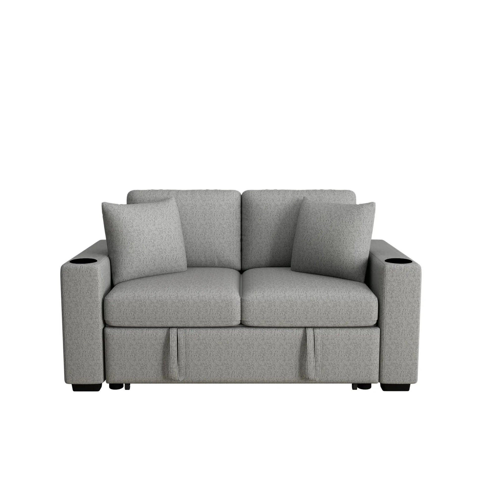 Modern 2-Seater sleeper loveseat in gray fabric with built-in cup holders on armrests on Tampa Home & Garden Store