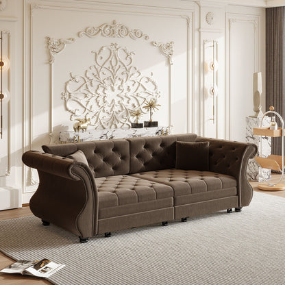 Oversized Chesterfield pull-out sofa bed in dark brown tufted fabric with flower tufting on Tampa Home & Garden Store