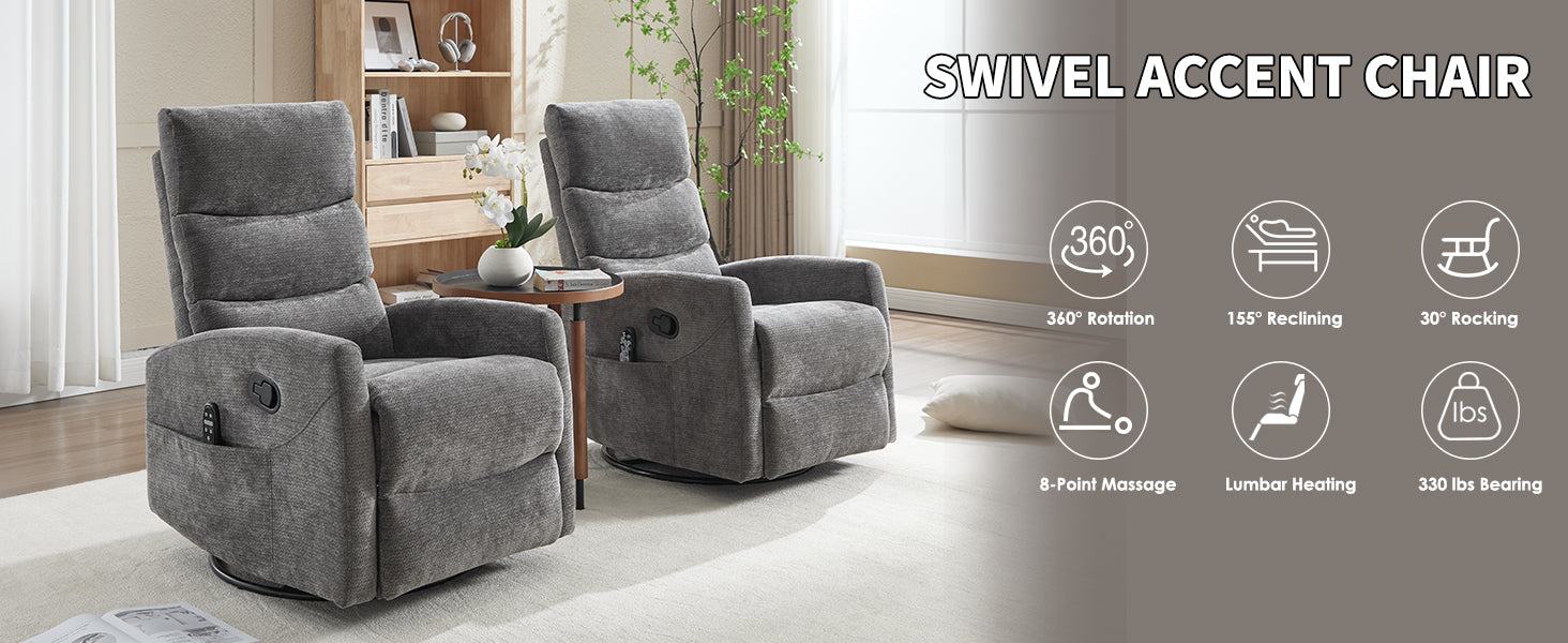 Pair of heat massage recliners in gray fabric by HouseOfZazla with rocker and swivel on Tampa Home & Garden Store