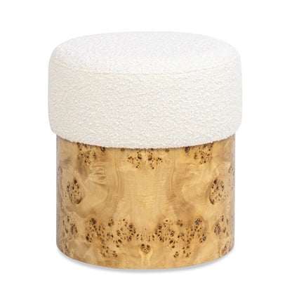 Round upholstered ottoman with white boucle fabric on a natural burl wood base by HouseOfZazla on Tampa Home & Garden Store