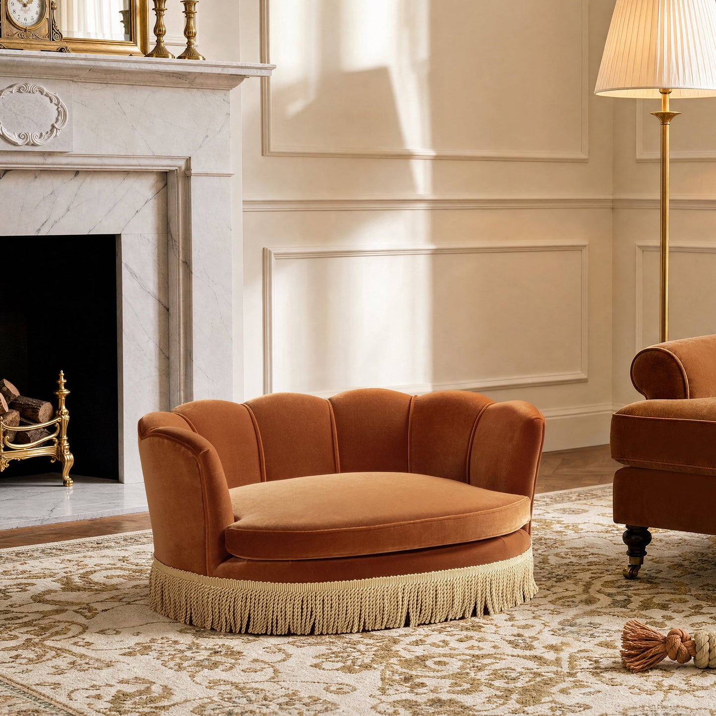 Clara scalloped pet sofa bed burnt orange, medium with fringe base by HouseOfZazla on Tampa Home & Garden Store