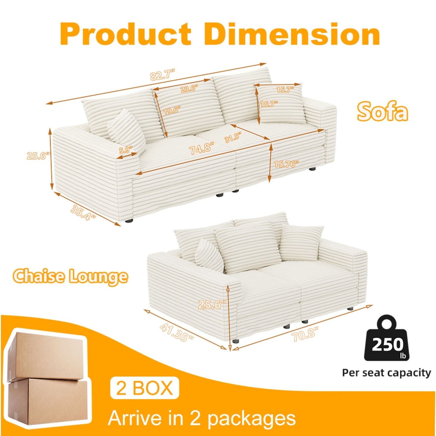 4 Seat Modern Comfy Upholstered Sofa Cloud Couch beige striped fabric HouseOfZazla Sofas on Tampa Home & Garden Store