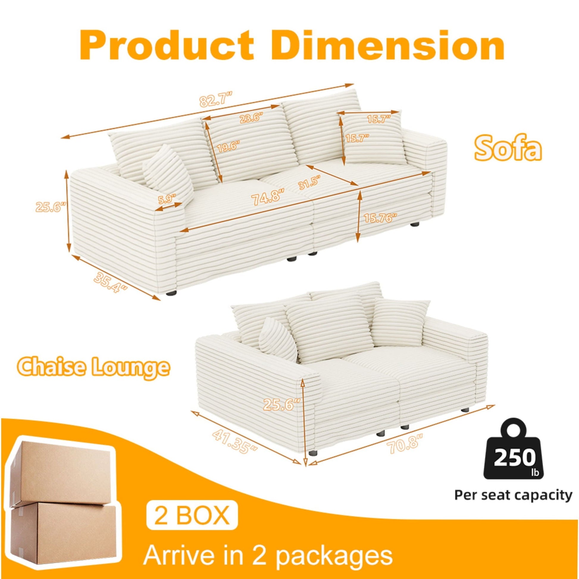 4 Seat Modern Comfy Upholstered Sofa Cloud Couch beige striped fabric HouseOfZazla Sofas on Tampa Home & Garden Store